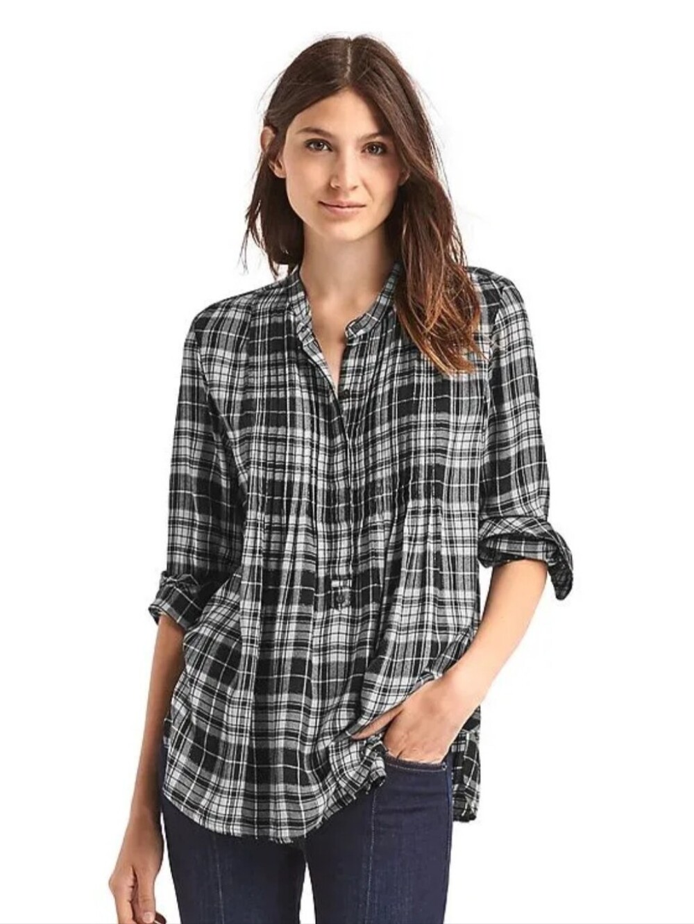 GAP Plaid Pintuck Long Sleeve Button Down Shirt. Black, White. Gold, EUC, XS